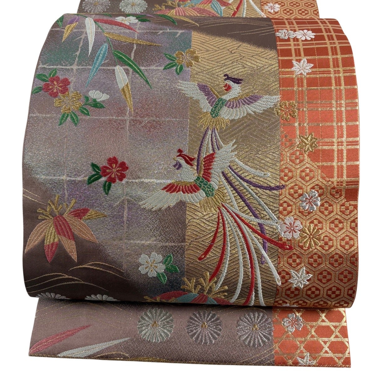美品】 袋帯 秀品 向かい鳥 草花 金銀糸 刺繍 灰緑 全通 正絹｜中古