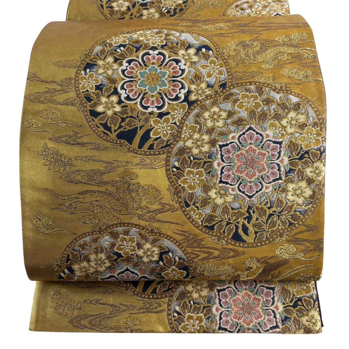 美品】 袋帯 秀品 華文 亀甲 金糸 箔 黄土色 六通 正絹｜中古・古着