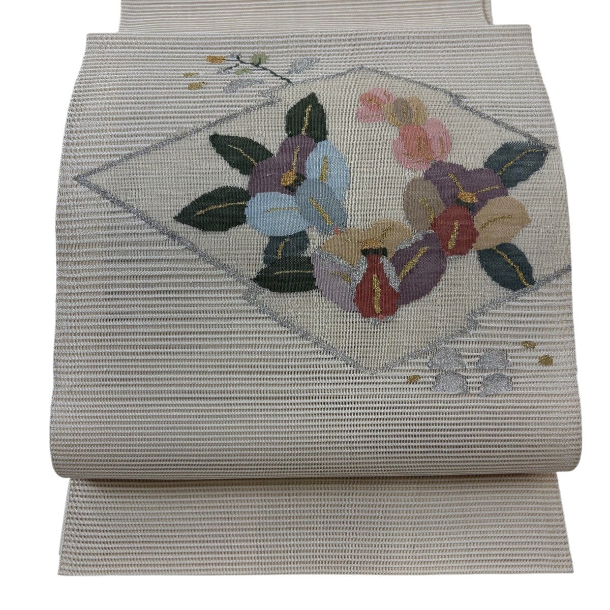 美品】 名古屋帯 名品 夏帯 絽 八寸名古屋帯 松葉仕立て 椿 松皮菱 金
