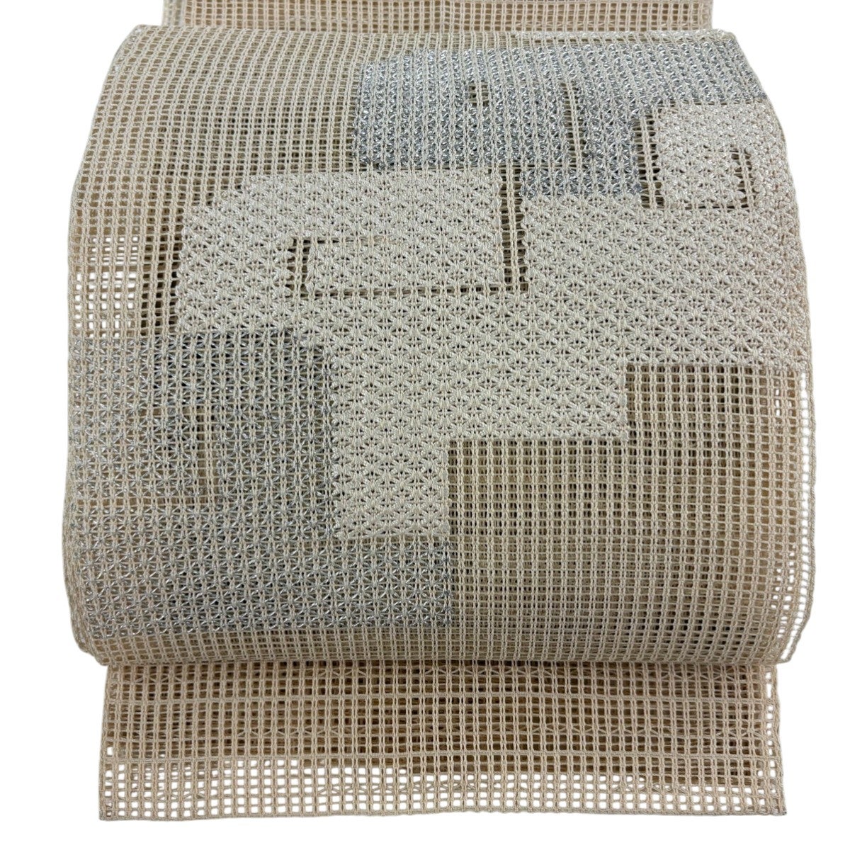 美品】 名古屋帯 秀品 夏帯 八寸名古屋帯 松葉仕立て 縞 幾何学 銀糸