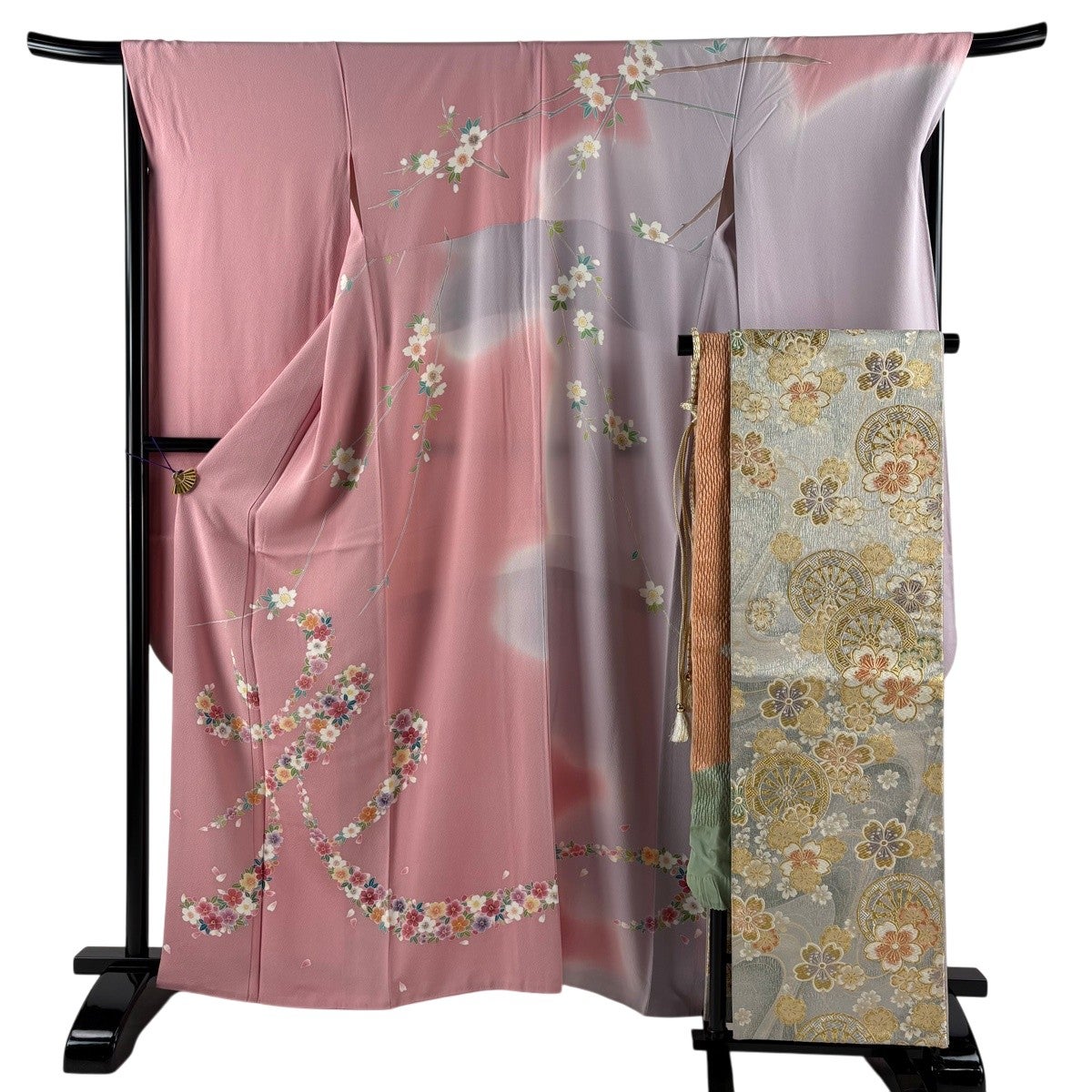 振袖 身丈164cm 裄丈68cm L 袷 袋帯フルセット 鼓 草花 金彩 染め分け 