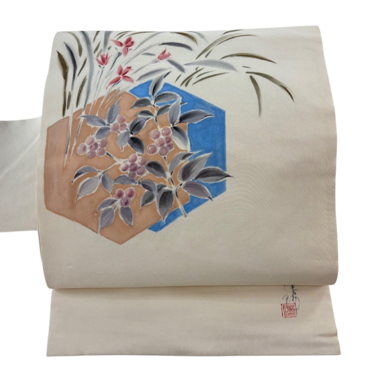 名古屋帯【福村廣利】辻が花 椿文様 縮緬 正絹 お太鼓柄 九寸帯 着物帯 薄灰緑 名古屋帯 逸品 福村廣利 落款あり 辻が花 クリーム 正絹｜中古・古着