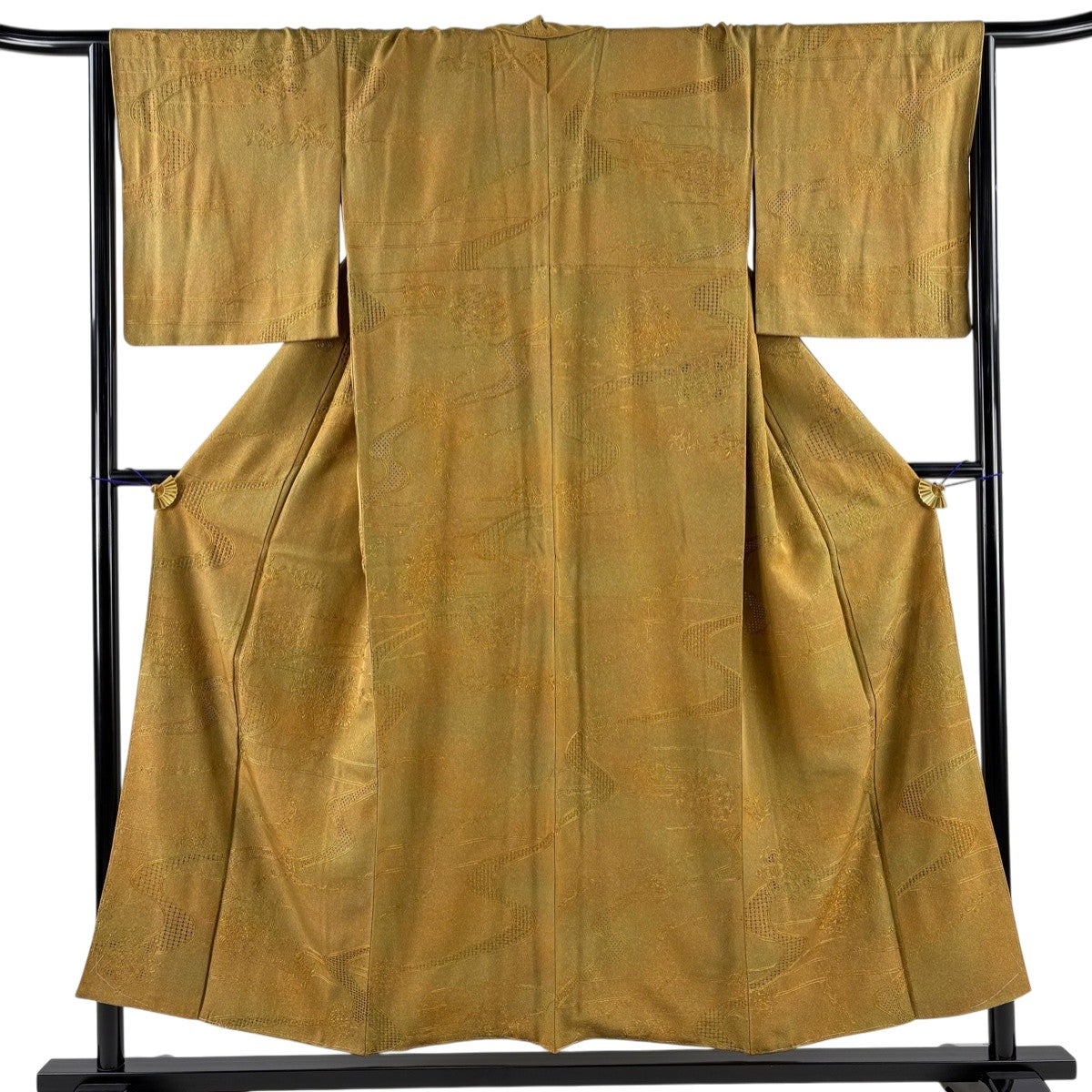 美品】 小紋 身丈157.5cm 裄丈65.5cm M 袷 茄子 小花 縮緬 緑 正絹 秀