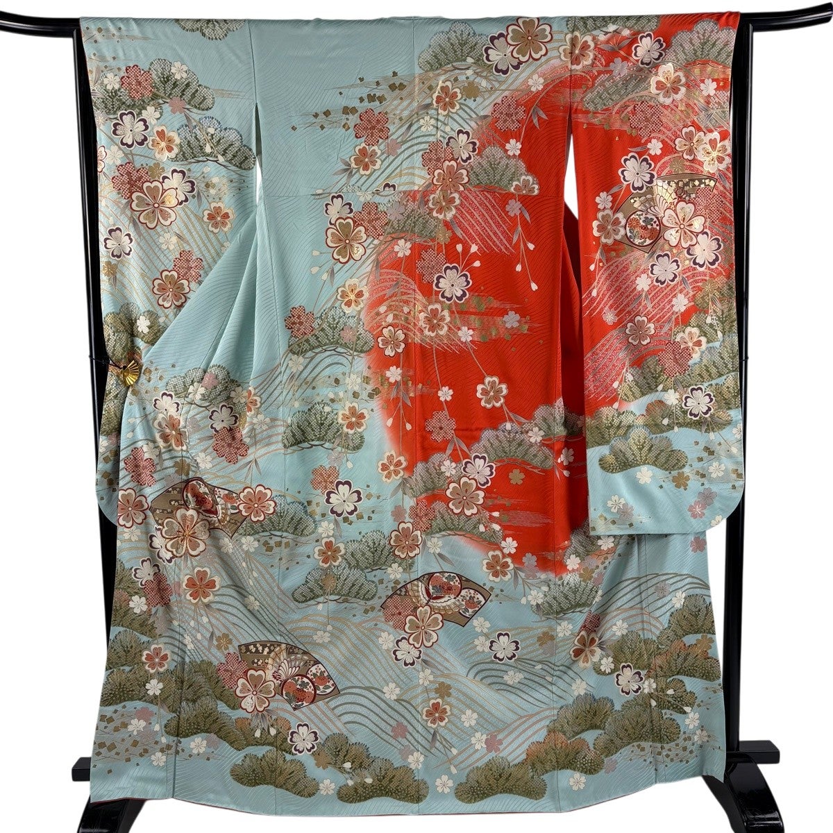 振袖 身丈166cm 裄丈68.5cm L 袷 草花 ハープ 金銀彩 茶緑色 正絹 秀品