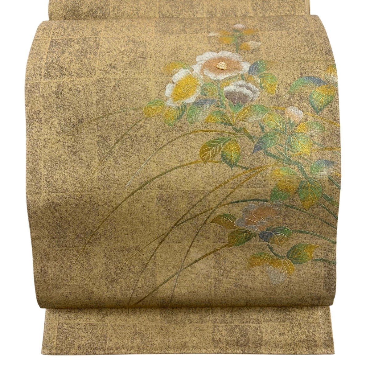 美品】 袋帯 名品 華文 草花 刺繍 金銀彩 金色 お太鼓柄 正絹｜中古