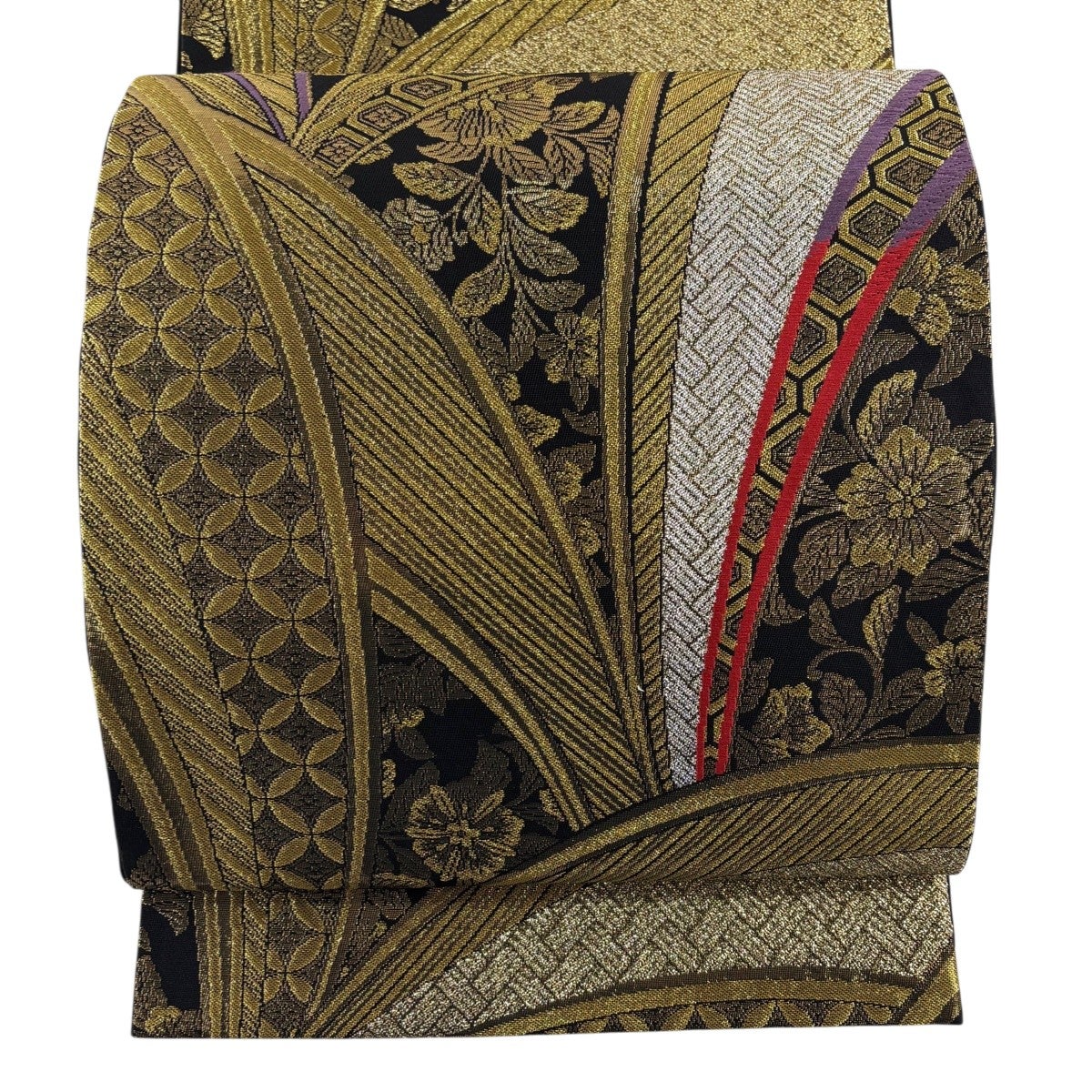 ☆デジデジ☆袋帯 草花文 刺繍 金糸 六通 正絹 袋帯 秀品 菱 草花 金糸 唐織 金色 六通 正絹｜中古・古着・リサイクル