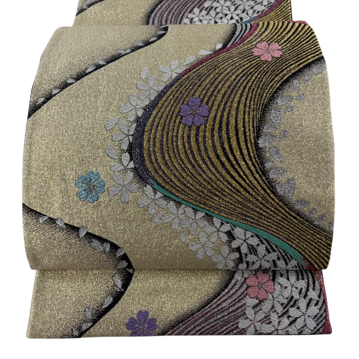振袖帯　桜　花びら　縦縞　金糸　銀糸　袋帯　着物　123b d ms 美品】 袋帯 秀品 振袖向き 夢桜 桜 花びら 金銀糸 箔 薄紫 六通 正絹