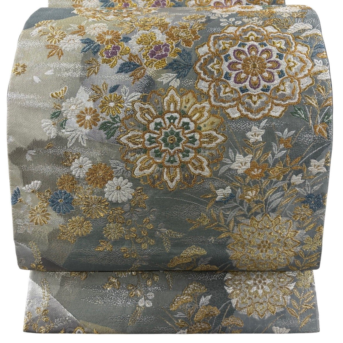 50%OFF 【美品】 袋帯 秀品 華文 草花 金銀糸 箔 青灰色 六通 正絹 K50