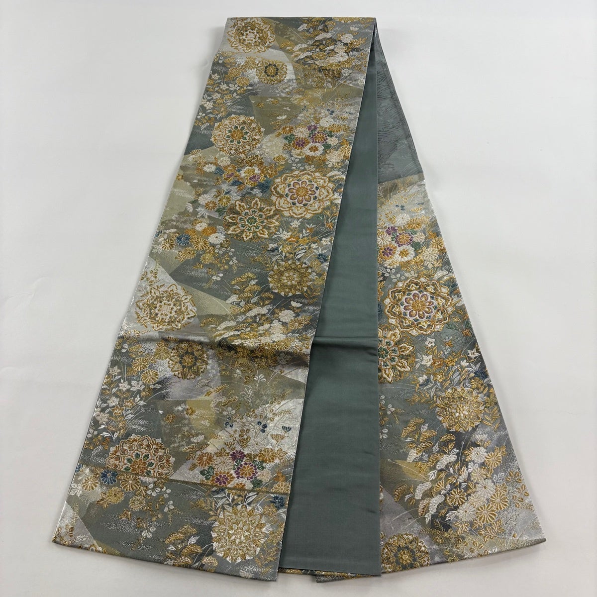 50%OFF 【美品】 袋帯 秀品 華文 草花 金銀糸 箔 青灰色 六通 正絹 K50