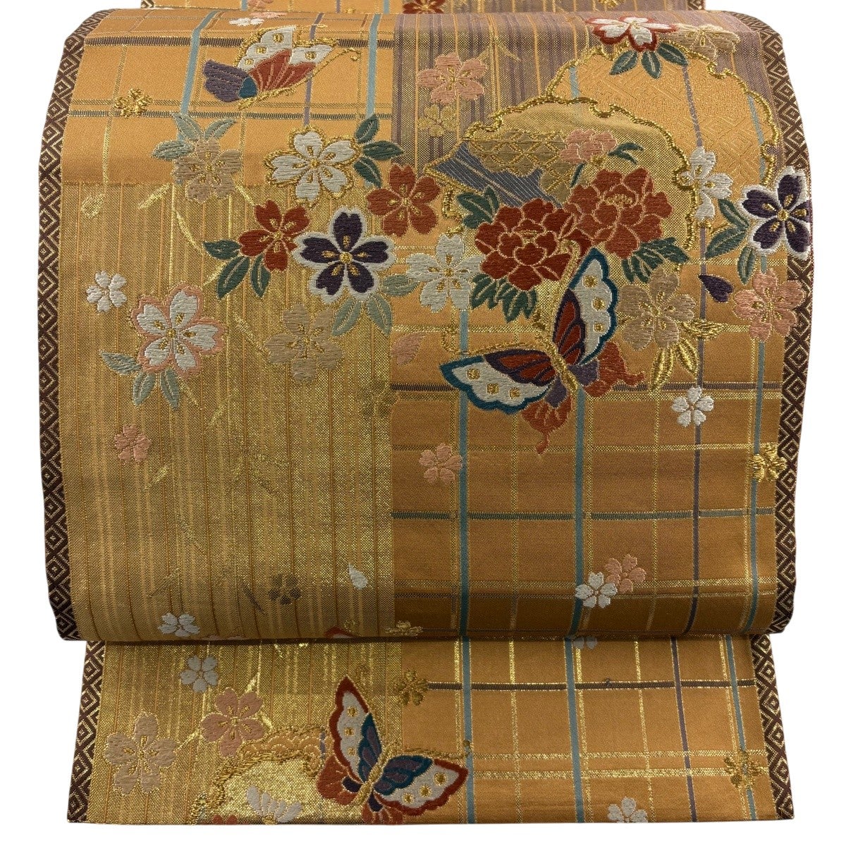 美品】 袋帯 秀品 蝶 桐 金糸 箔 山吹茶色 六通 正絹｜中古・古着 