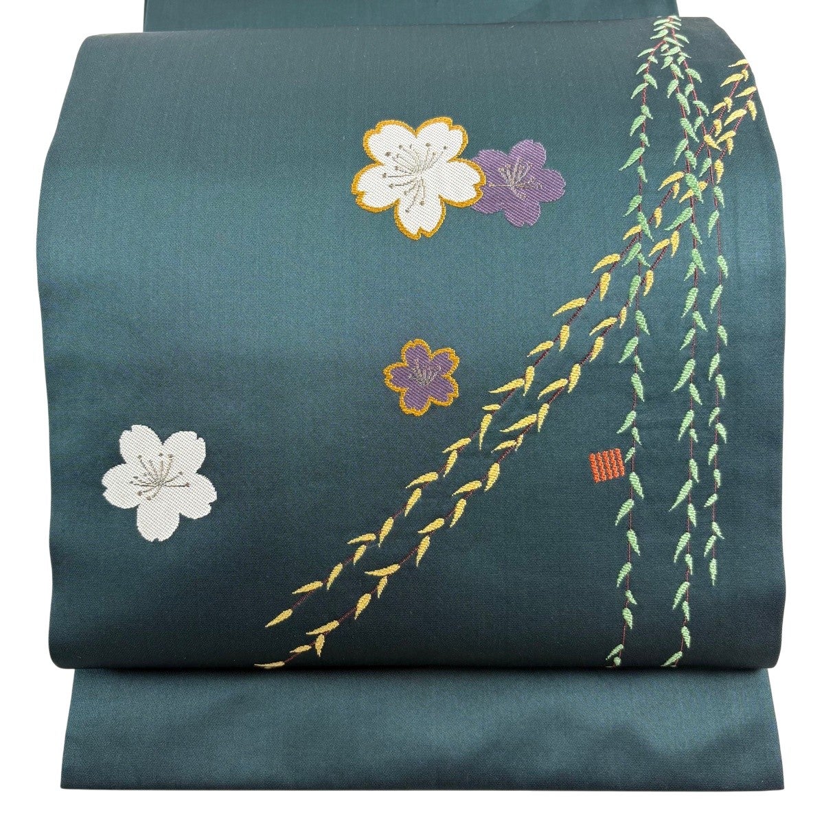 美品】 開き名古屋帯 秀品 落款あり 葉柄 シルエット 抹茶色 正絹