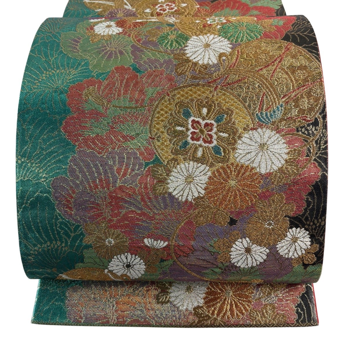 美品】 袋帯 秀品 桜 蝶 金銀糸 箔 緑 六通 正絹｜中古・古着 