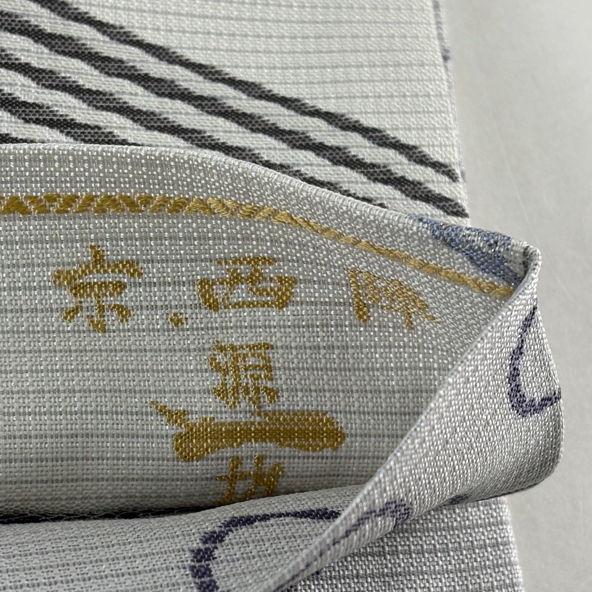 袋帯 名品 落款あり 全通 竹姐の扇 幾何学模様 金銀糸 箔 灰白 全通