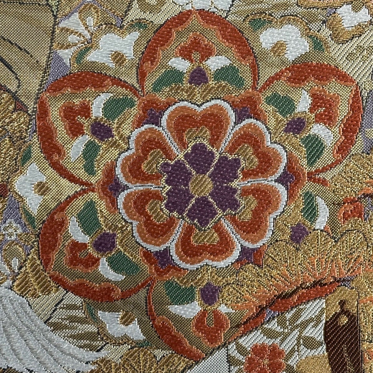 袋帯 美品 秀品 関西仕立て 幾何学模様 箔 赤紫 お太鼓柄 正絹 中古