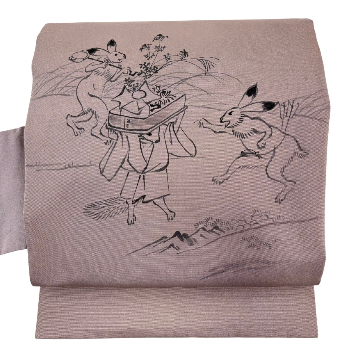 名古屋帯 名品 鳥獣戯画 灰紫 正絹｜中古・古着・リサイクル着物通販