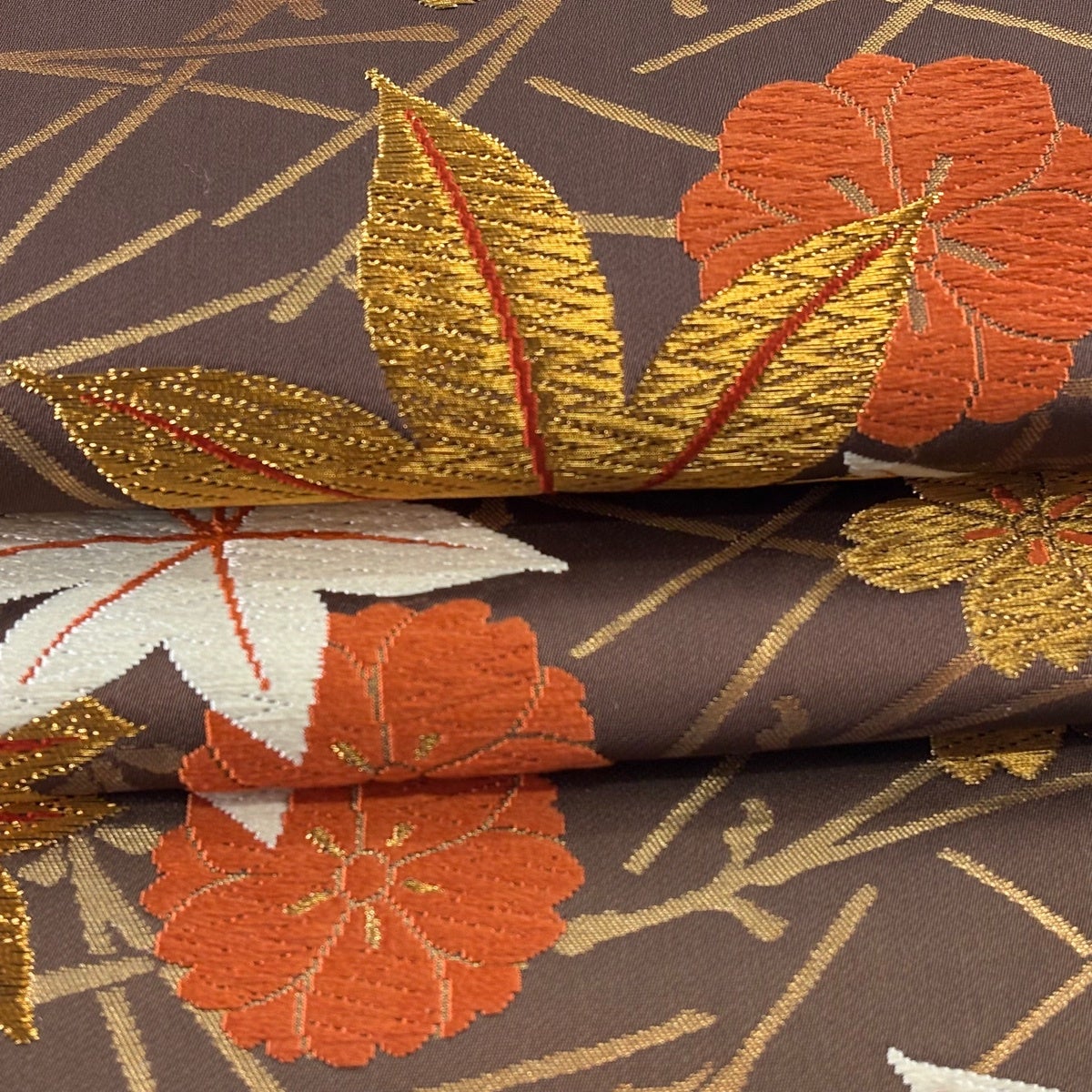 袋帯 逸品 河合美術織物 落款あり 桜楓と梅 松葉 唐織 金糸 茶色 六通