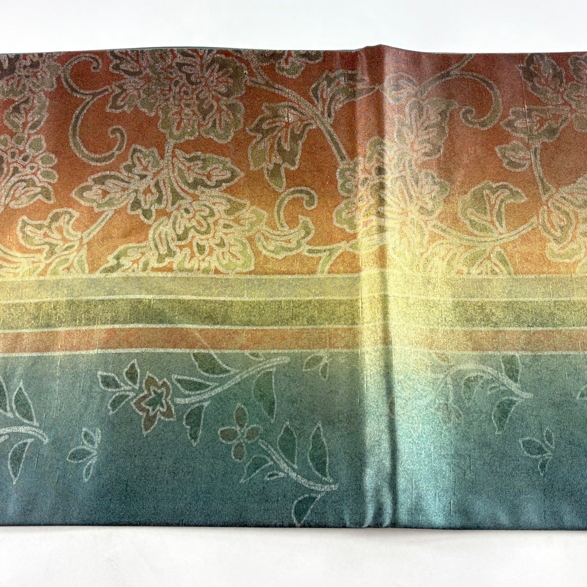 袋帯 逸品 落款あり 牛首紬地 花唐草 縞 金彩 灰緑 全通 正絹｜中古