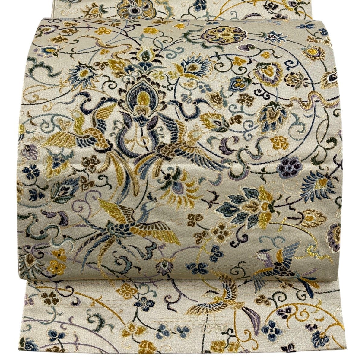 袋帯 逸品 白綾苑大庭 花鳥 花唐草 金糸 箔 クリーム 六通 正絹｜中古