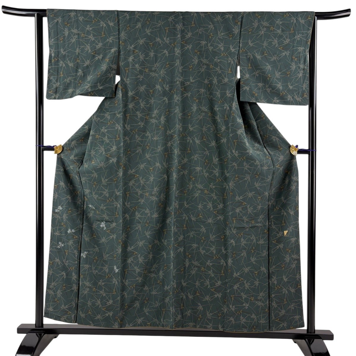 美品】 小紋 身丈161cm 裄丈67cm M 袷 桜 櫛 深緑 正絹 秀品｜中古
