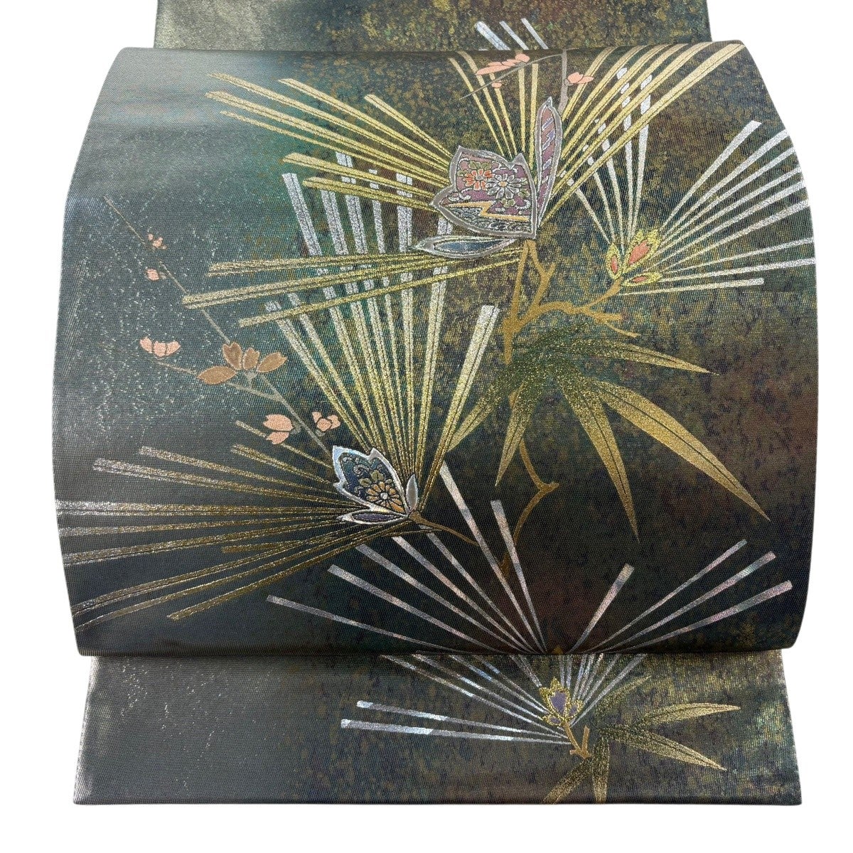 美品】 袋帯 秀品 斉藤三才 落款あり 桜 幾何学模様 金銀糸 黒灰 全通
