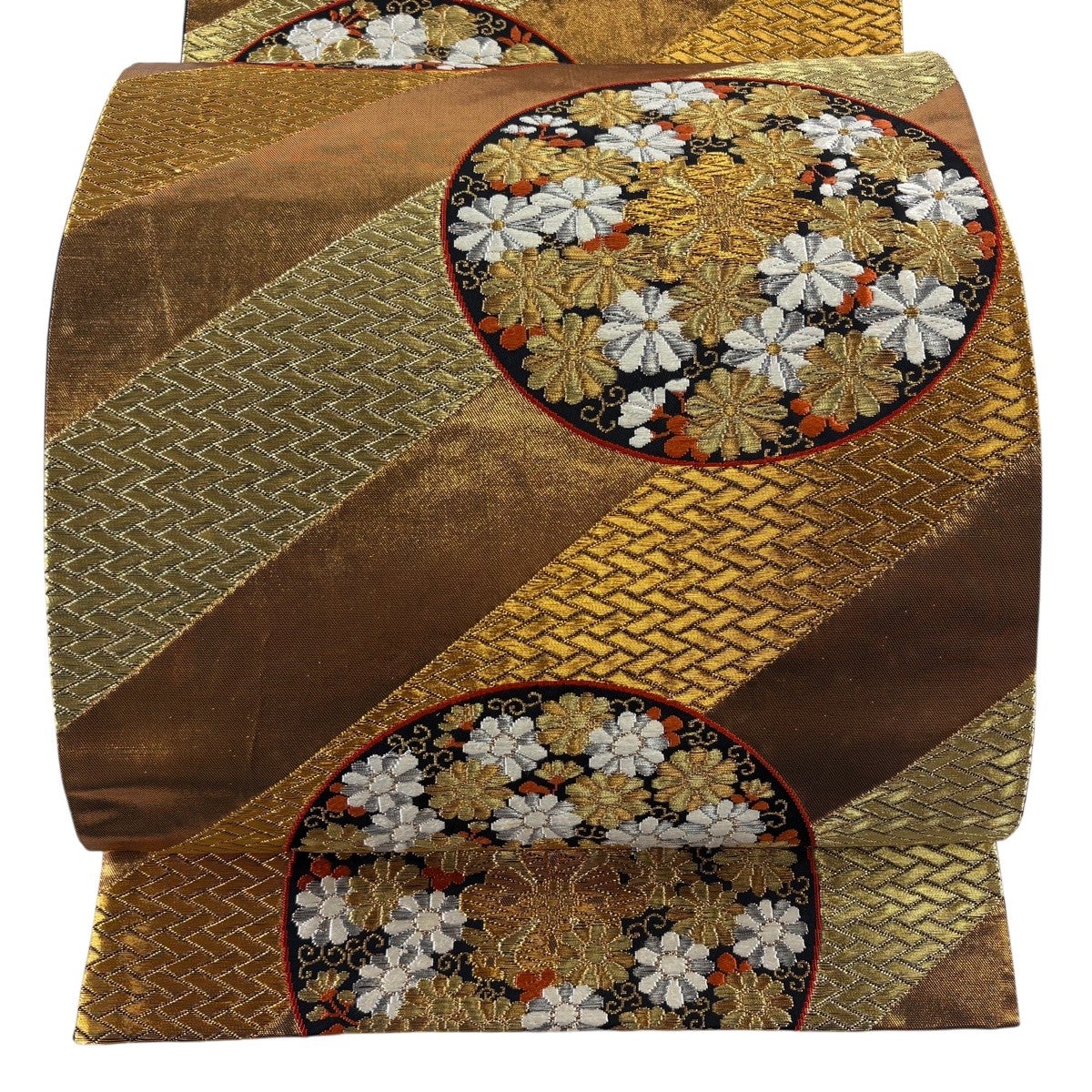 美品】 袋帯 逸品 河合美術織物 落款あり 花菱 斜め格子 金糸 箔