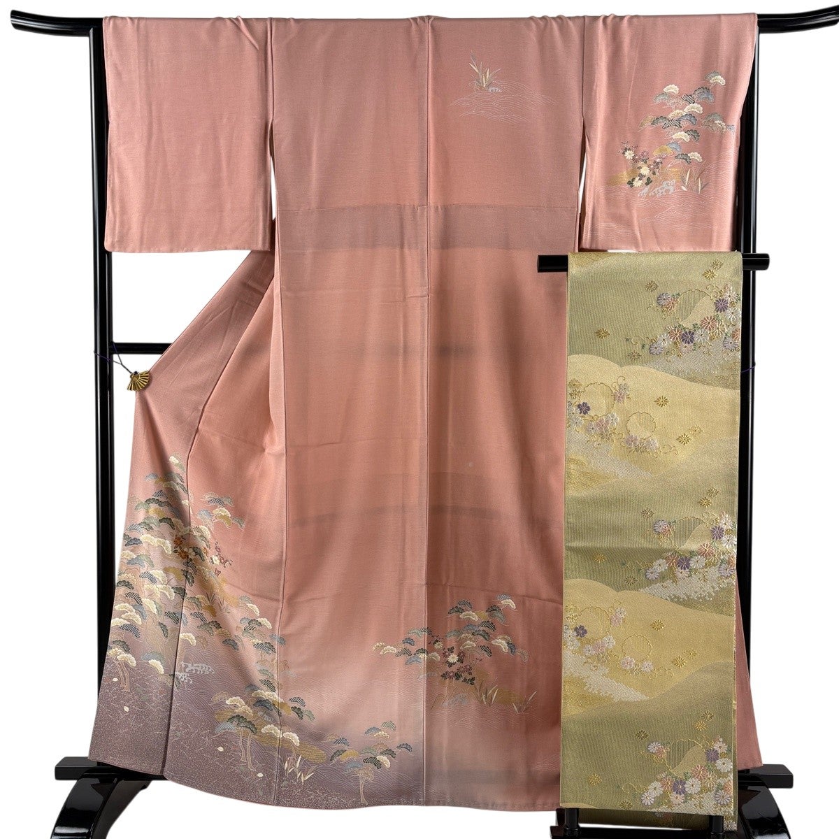 訪問着 身丈163cm 裄丈66.5cm M 袷 袋帯セット 松 椿 金糸 金彩 ピンク