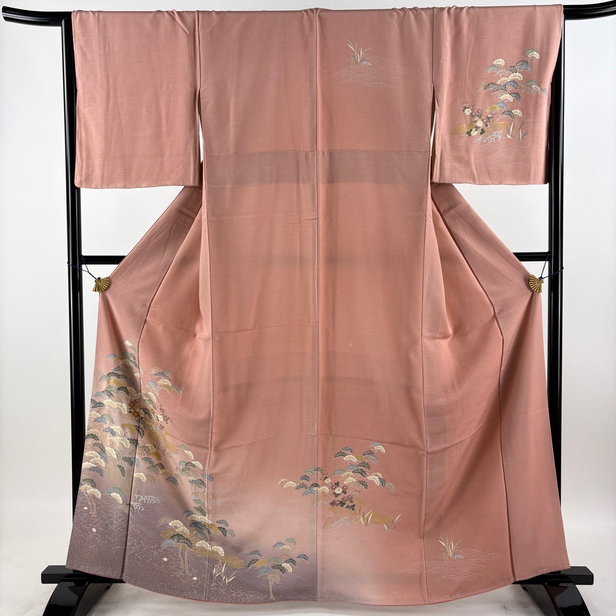 訪問着 身丈163cm 裄丈66.5cm M 袷 袋帯セット 松 椿 金糸 金彩 ピンク
