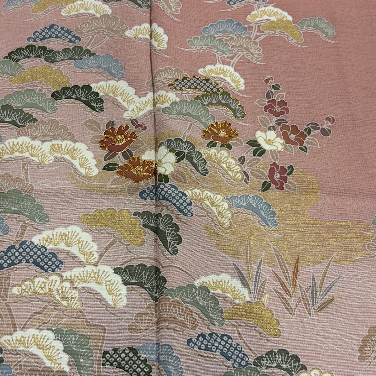 訪問着 身丈163cm 裄丈66.5cm M 袷 袋帯セット 松 椿 金糸 金彩 ピンク