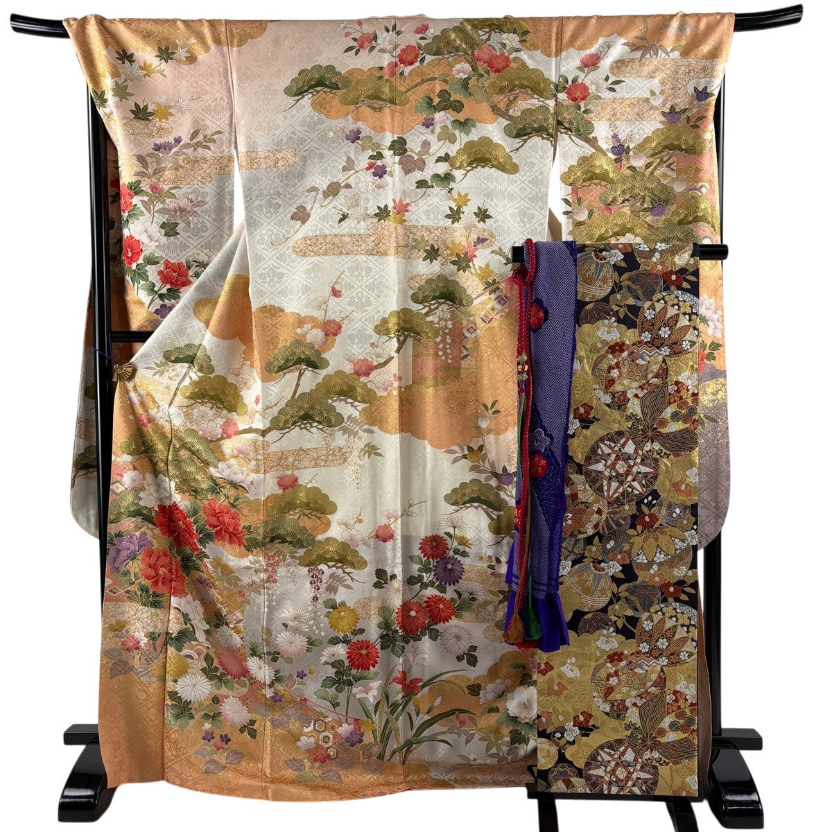 美品】 振袖 身丈174cm 裄丈69.5cm L 袷 桜 雪輪 金彩 染め分け 山吹色