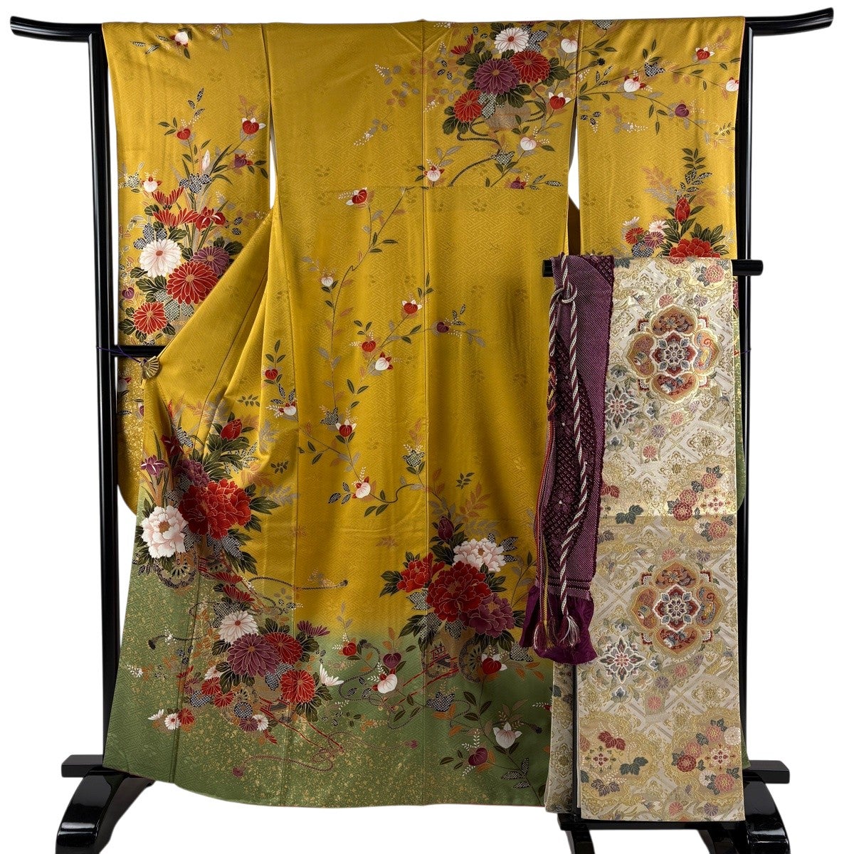 美品】 振袖 身丈160.5cm 裄丈62cm S 袷 花車 波 金通し 金彩 黒 正絹