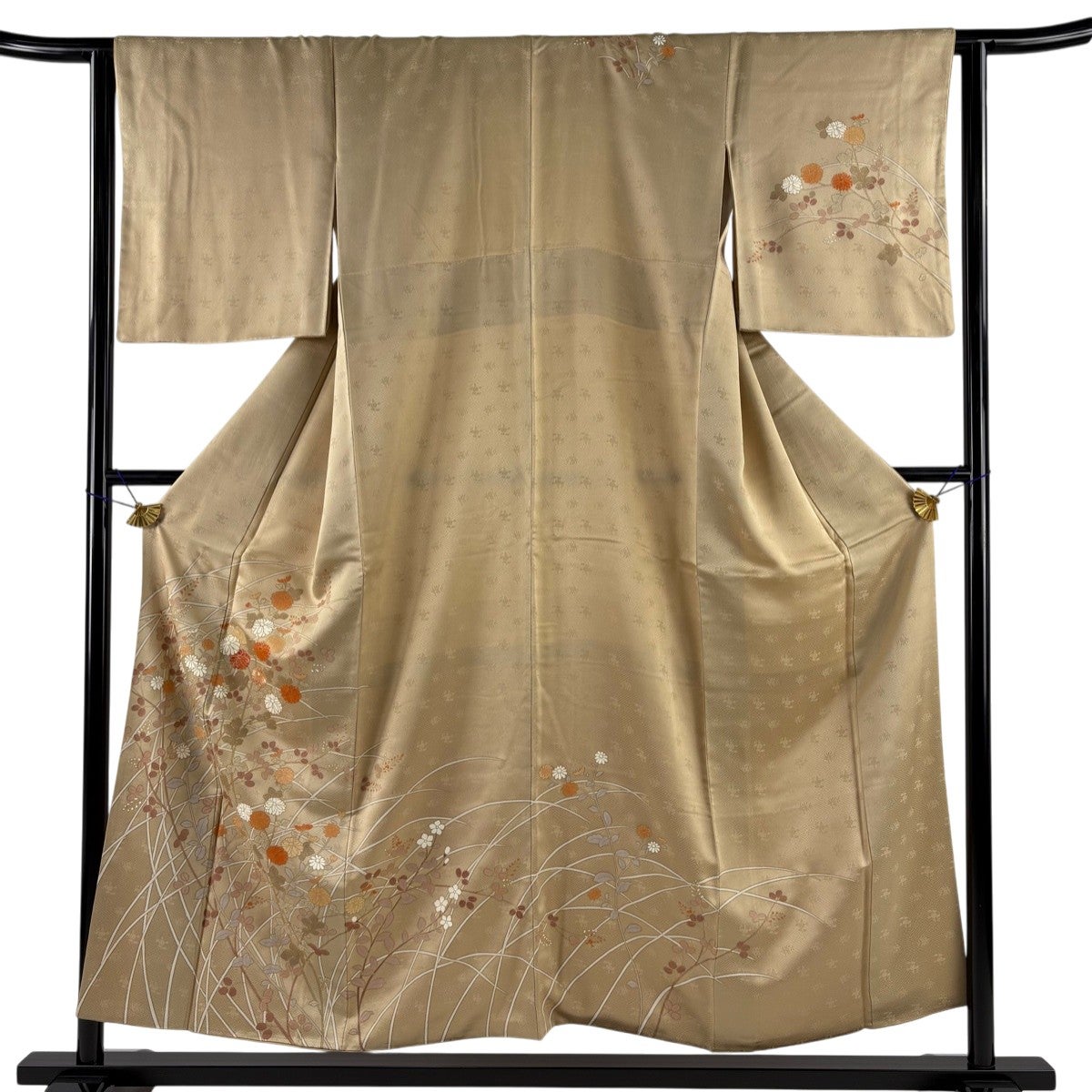 訪問着 身丈160.5cm 裄丈62.5cm S 袷 牡丹 菊 金彩 山吹茶色 正絹 秀品