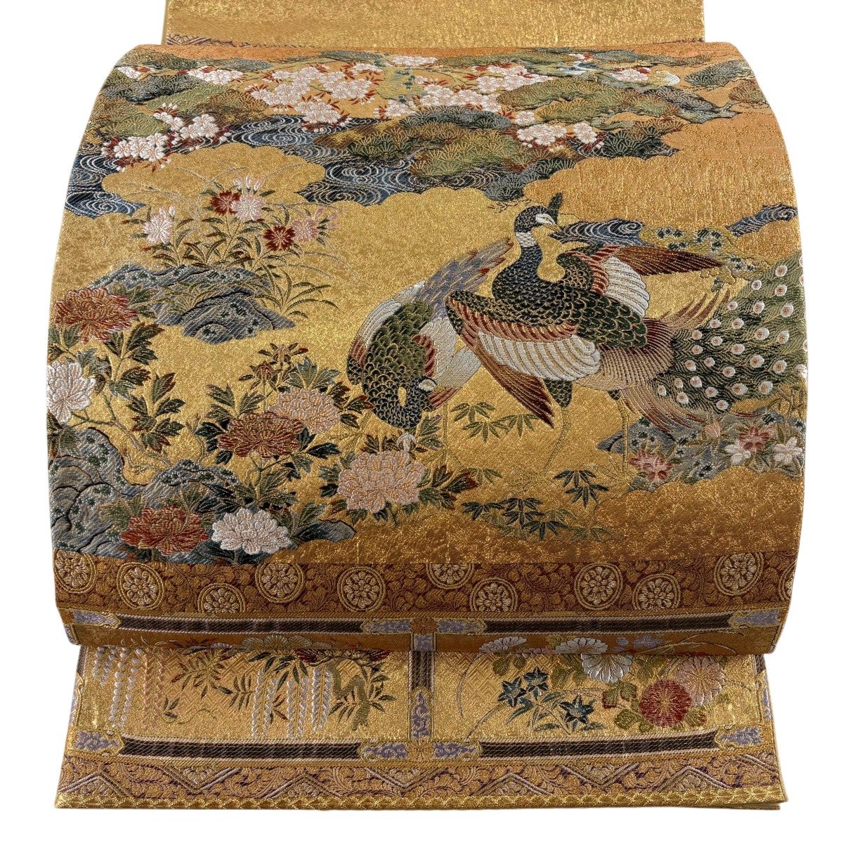袋帯 名品 落款あり 花鳥 笠松 金彩 箔 金色 お太鼓柄 正絹｜中古