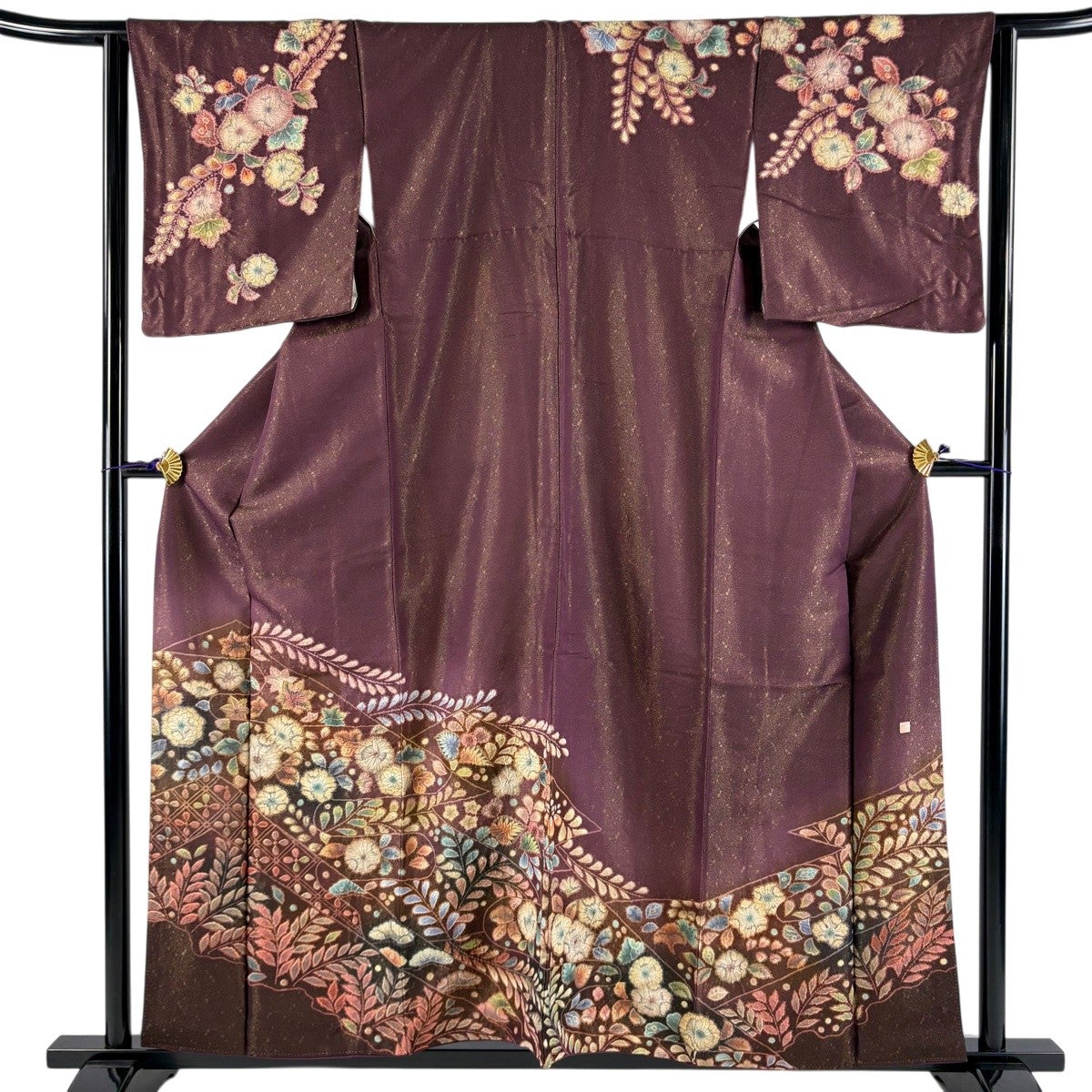 美品】 訪問着 身丈163cm 裄丈68cm L 紗袷 葉柄 金彩 灰色 正絹 名品