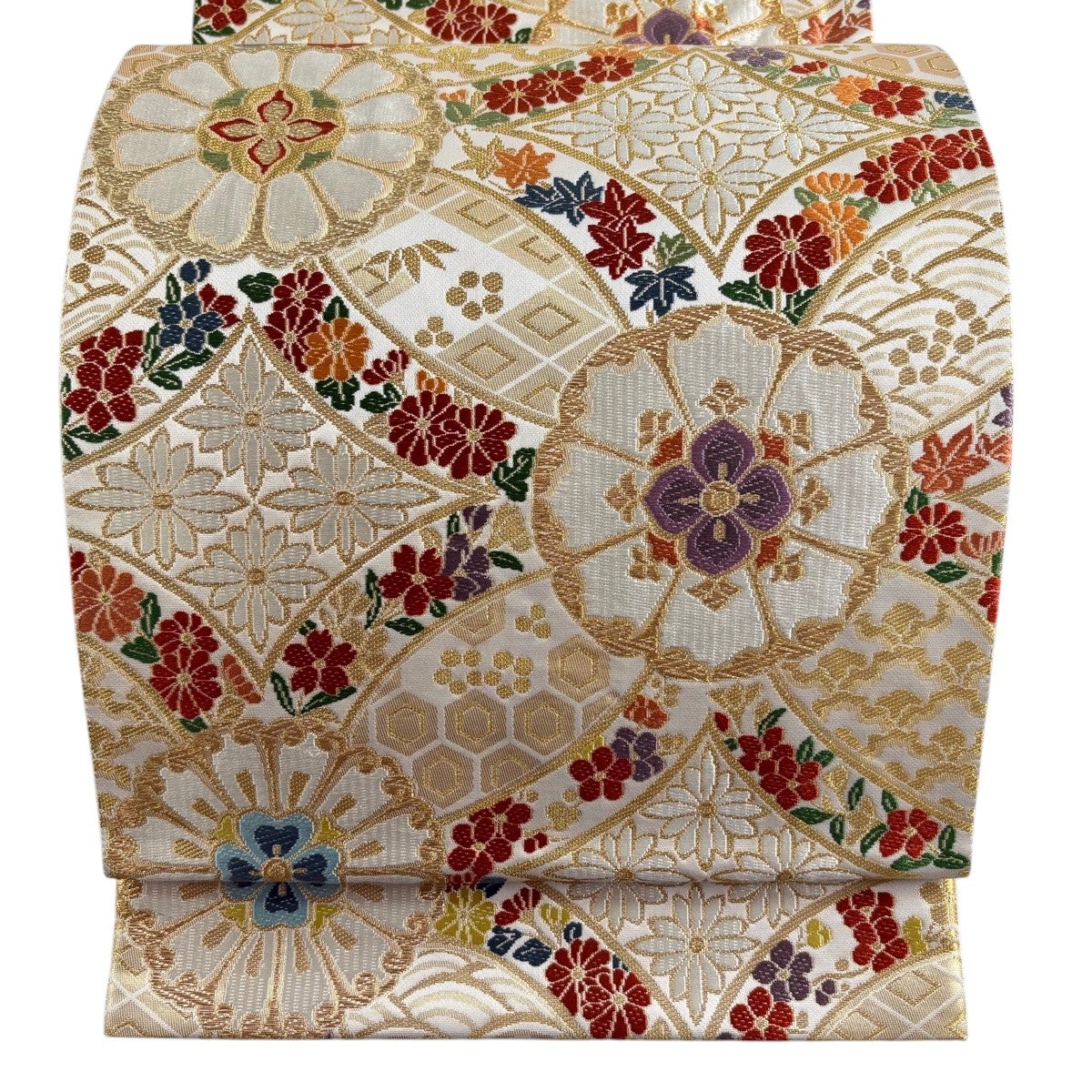 美品】 袋帯 秀品 華文 亀甲 金糸 箔 クリーム 六通 正絹｜中古・古着
