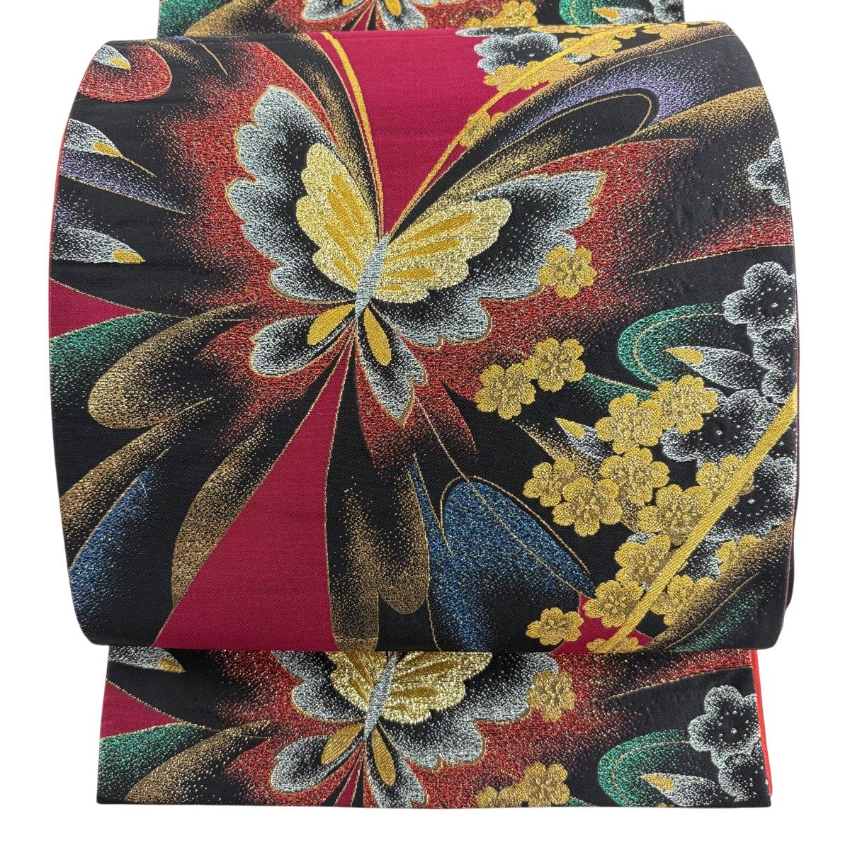 美品】 袋帯 秀品 振袖向き 蝶 桜 金糸 箔 えんじ色 六通 正絹｜中古