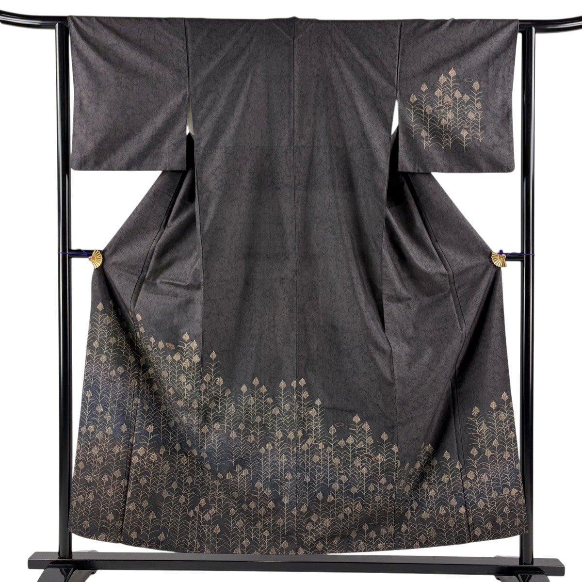 訪問着 身丈154cm 裄丈62cm S 袷 草花 葉柄 絞り 濃紫 正絹 秀品｜中古