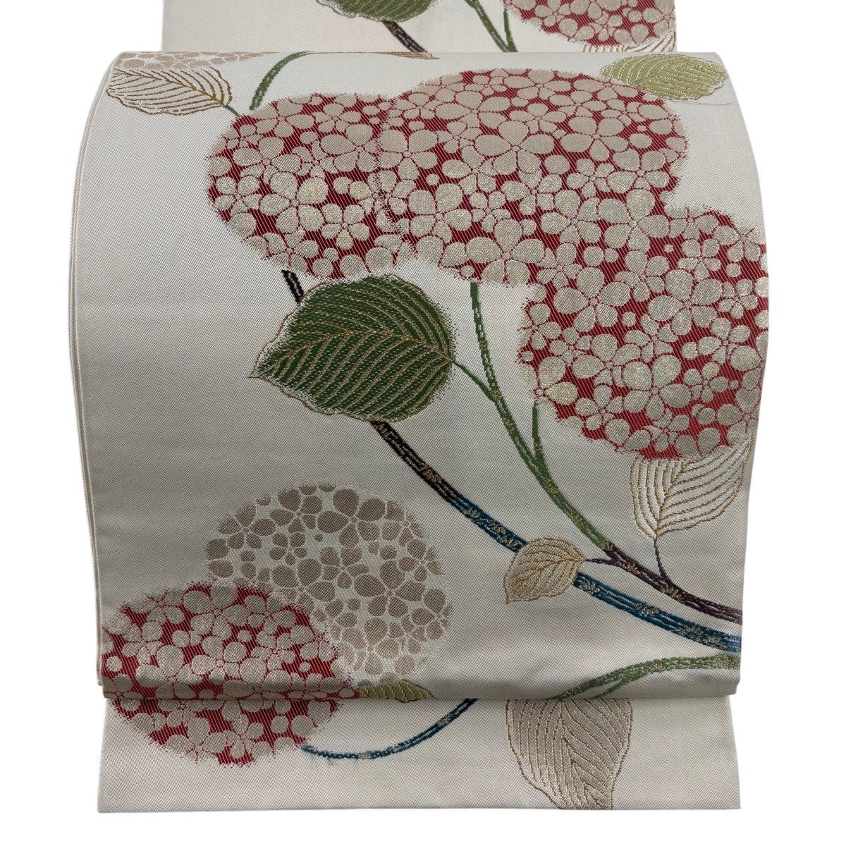 【未使用品】袋帯　紫陽花　六通　金糸キラキラ　光沢感 袋帯 名品 紫陽花 金糸 刺繍 ベージュ 六通 正絹｜中古・古着