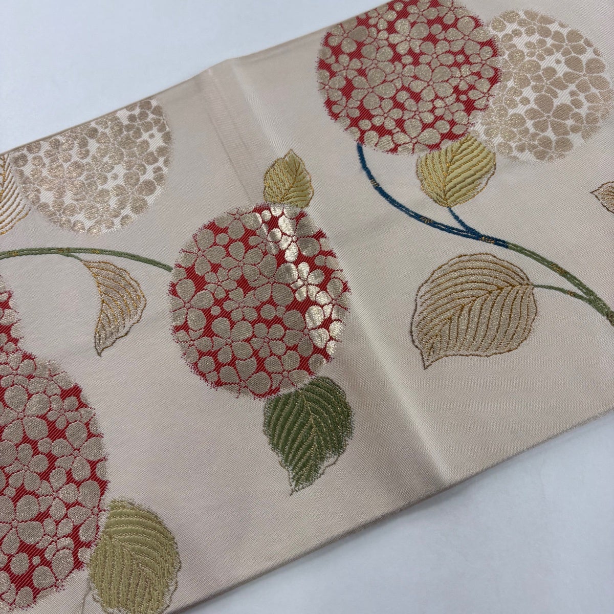 袋帯 名品 紫陽花 金糸 刺繍 ベージュ 六通 正絹｜中古・古着