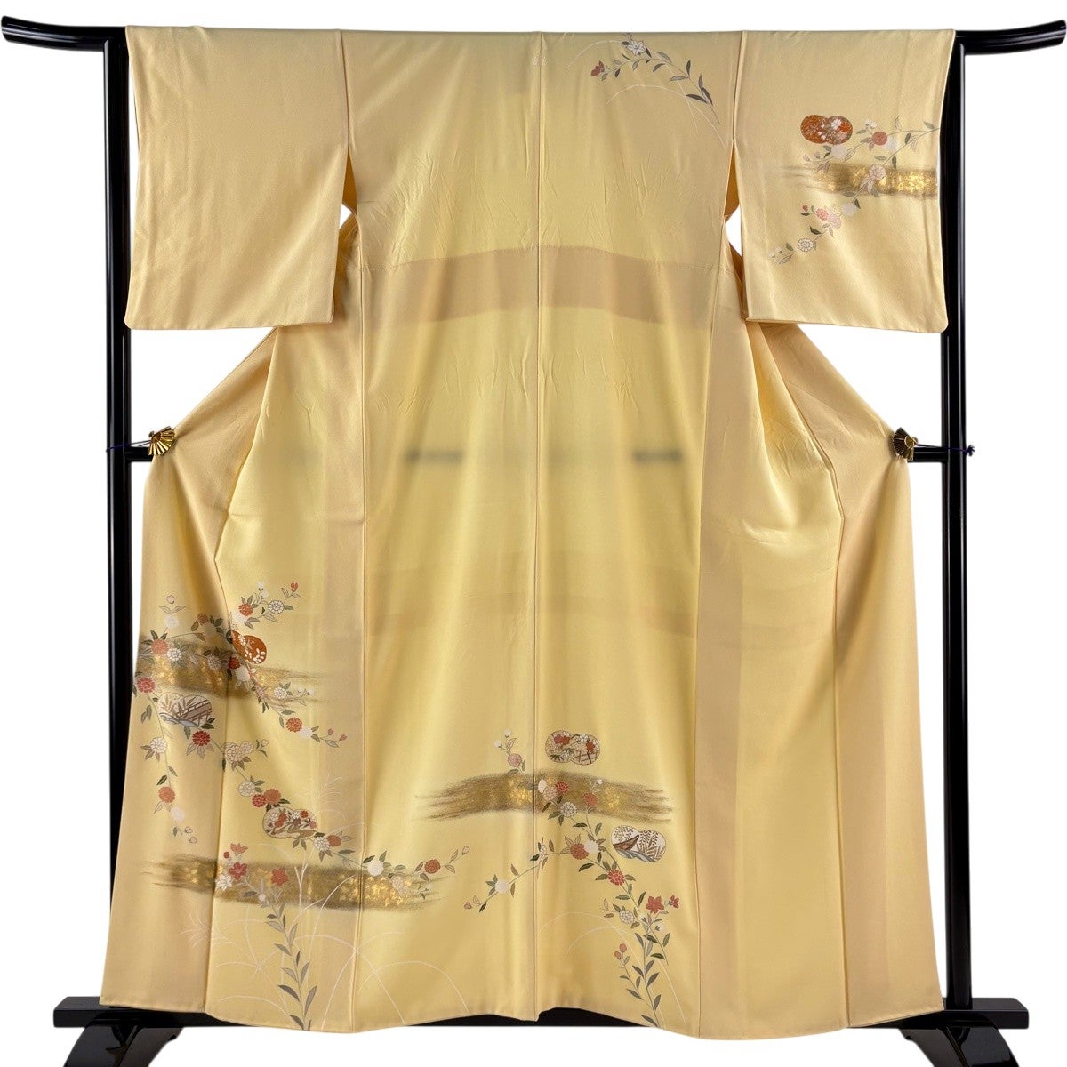 訪問着 身丈158.5cm 裄丈64cm M 袷 草花 霞 金糸 金彩 薄黄 正絹 秀品