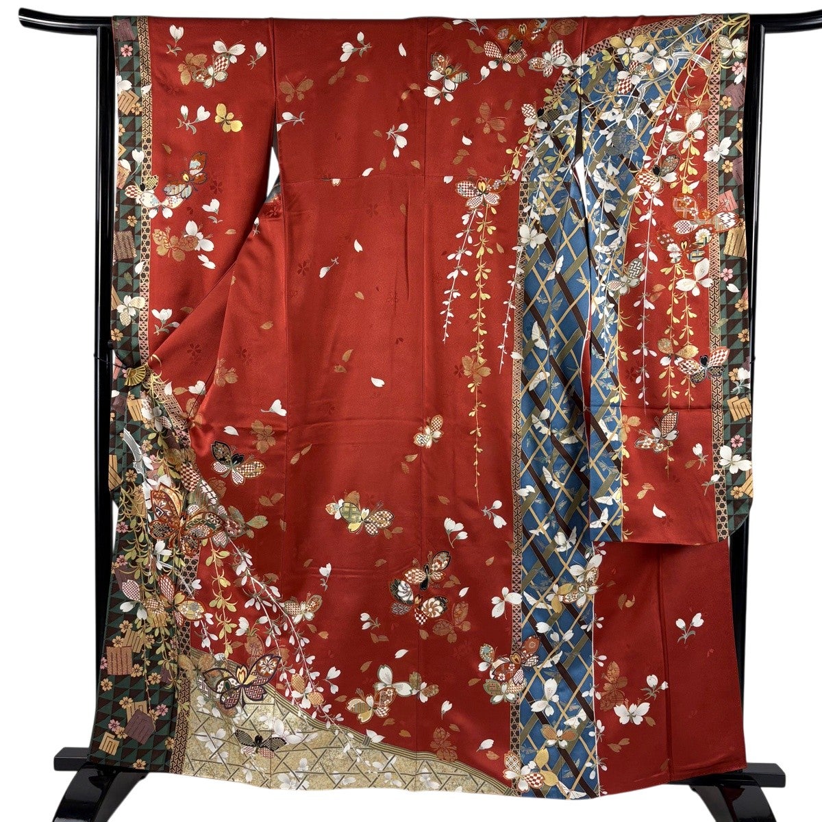 美品】 振袖 身丈161cm 裄丈63.5cm S 袷 蝶 桜 金糸 金銀彩 赤 正絹 秀