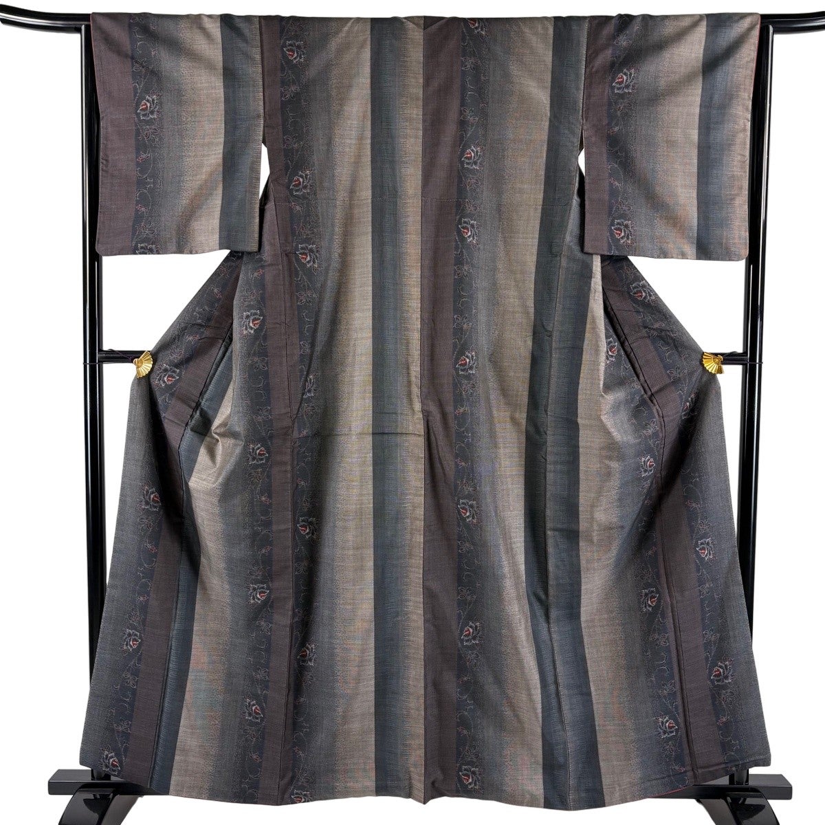 美品】 紬 身丈157.5cm 裄丈61.5cm S 袷 鳳凰 花唐草 墨色 正絹 優品