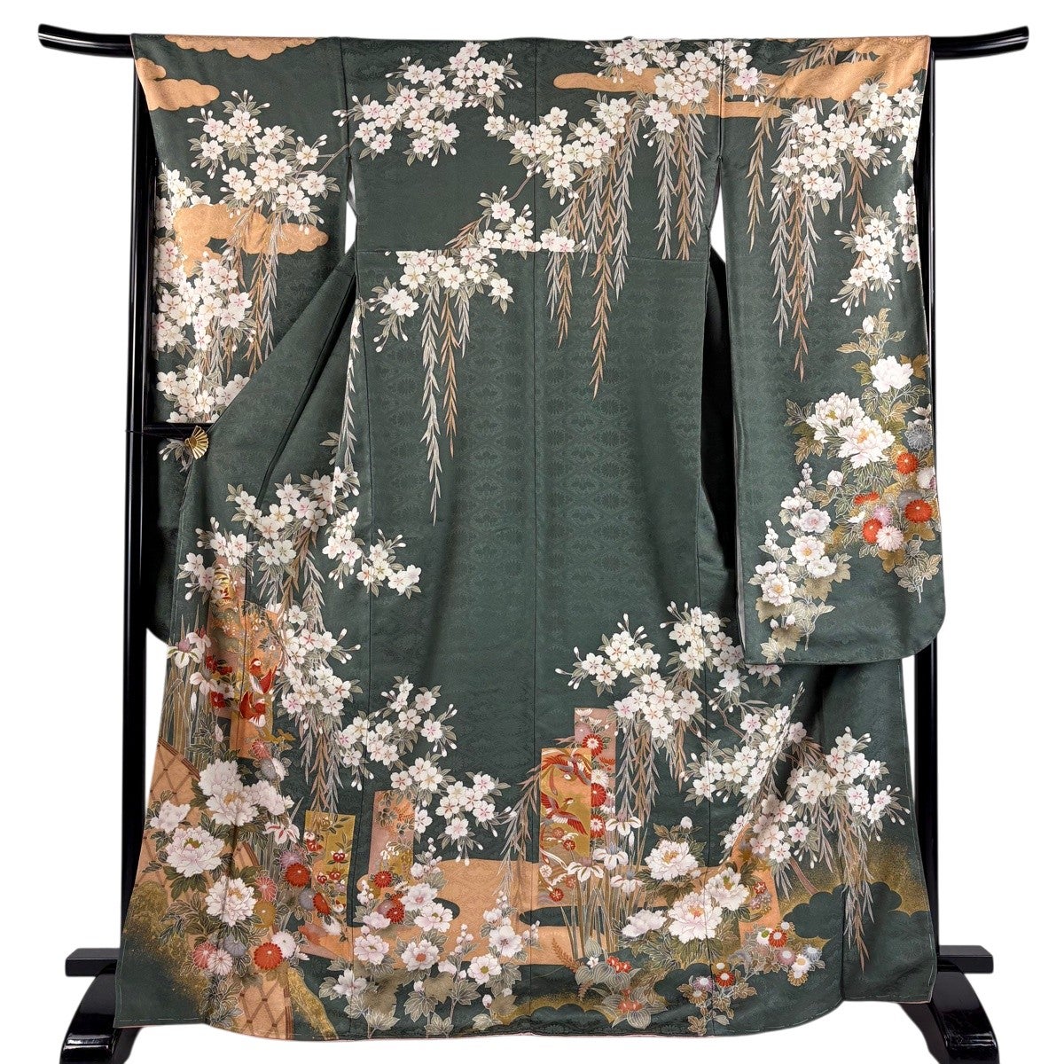 （昭和レトロ）深緑色 振袖 扇面 枝垂れ桜 金彩 振袖 身丈169.5cm 裄丈66.5cm M 袷 枝垂れ桜 短冊 金糸 金彩 緑 正絹