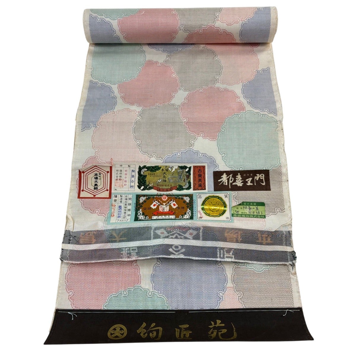 反物 逸品 大島紬 証紙有り 都喜ヱ門 雪輪 絣 クリーム 正絹｜中古
