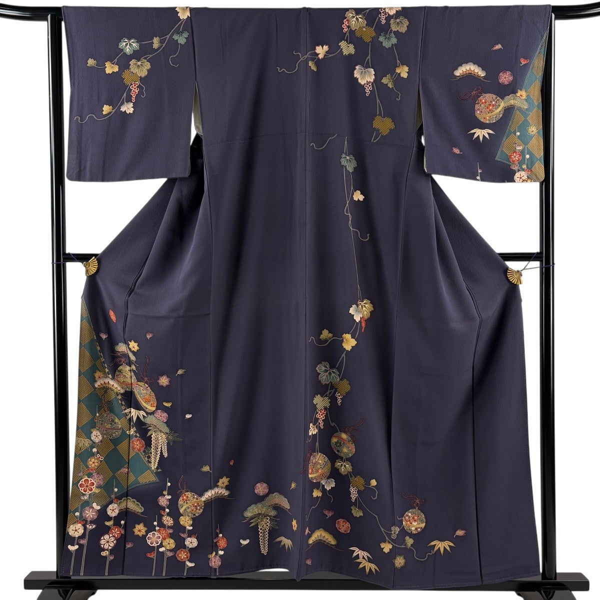訪問着 身丈151cm 裄丈64cm M 袷 宝尽くし 鳳凰 金彩 黒 正絹 名品