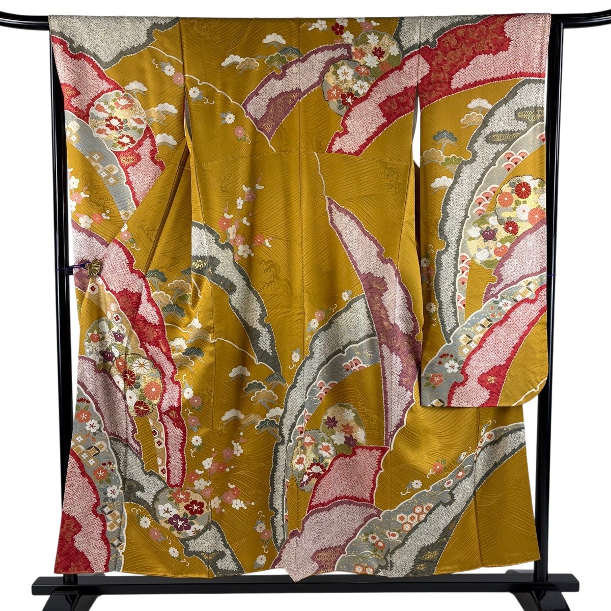 振袖 身丈157cm 裄丈64cm M 袷 鈴 藤 金糸 金彩 赤 正絹 秀品｜中古