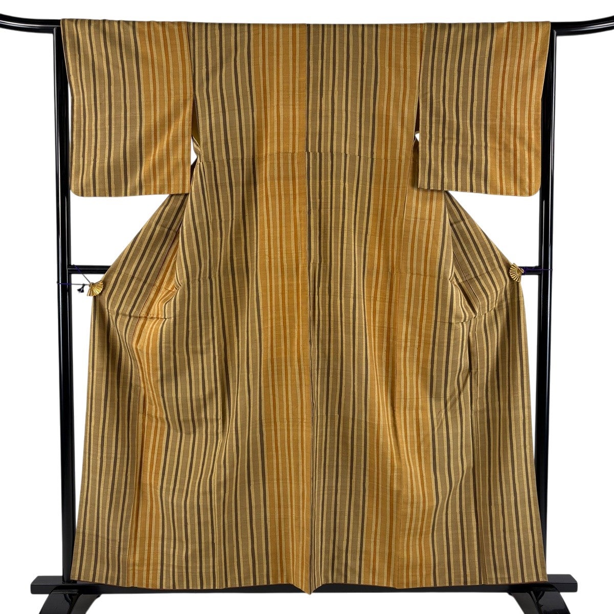 美品】 小紋 身丈155cm 裄丈64.5cm M 単衣 縦縞 縮緬 灰色 正絹 秀品