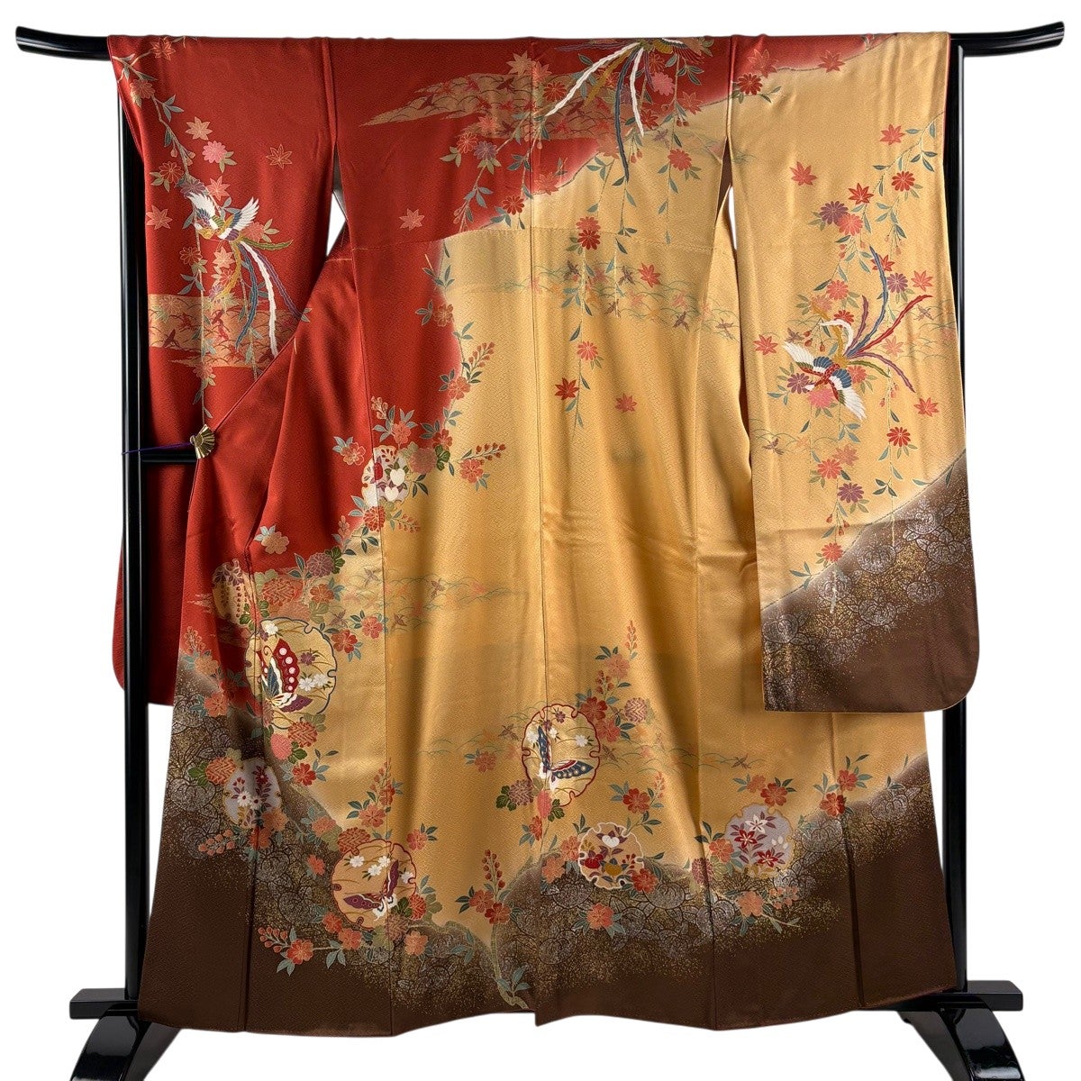 振袖単品　袷 梅 蝶 金糸 絞り 赤 正絹 秀品 振袖 身丈171cm 裄丈67cm M 袷 蝶 草花 金糸 金彩 赤 正絹 秀品｜中古