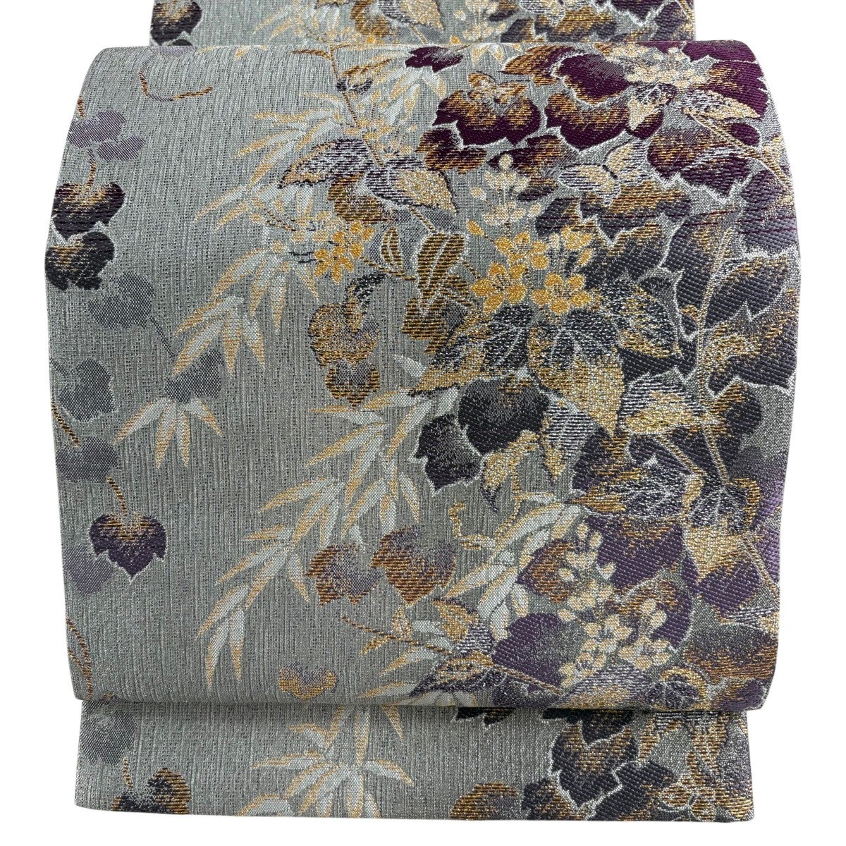美品】 袋帯 名品 やまと 草花 金銀糸 箔 銀色 六通 正絹｜中古・古着