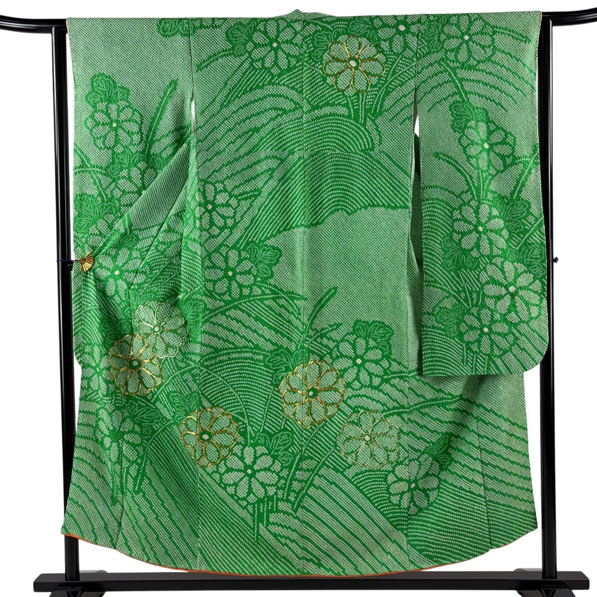 振袖 身丈151.5cm 裄丈63cm S 袷 菊 幾何学模様 金糸 絞り 緑 正絹