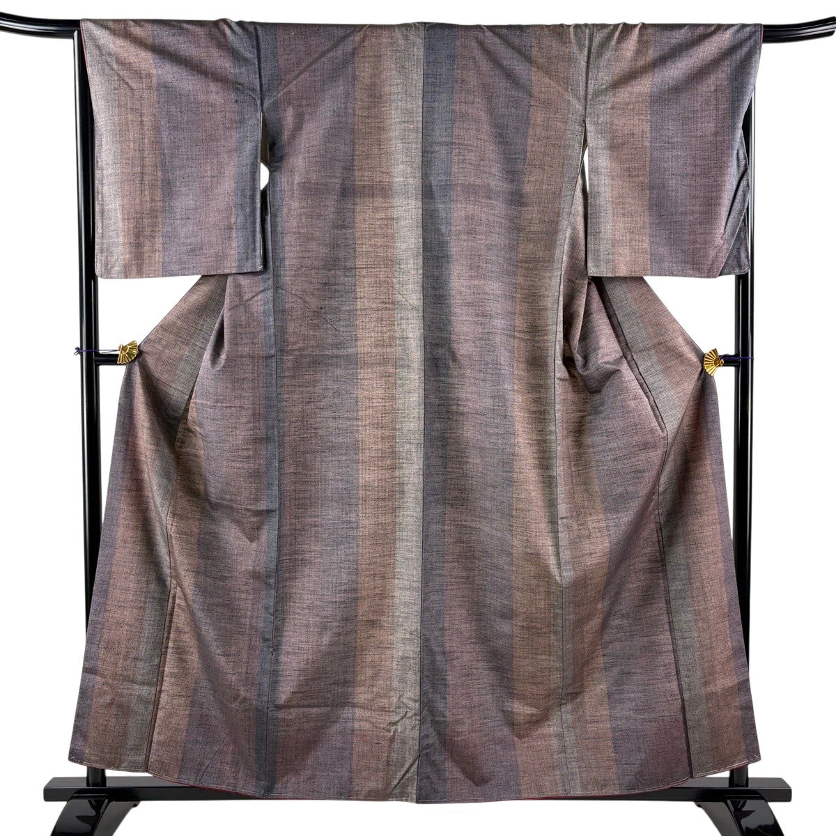 紬 身丈159cm 裄丈67.5cm L 袷 縦縞 灰紫 正絹 優品｜中古・古着